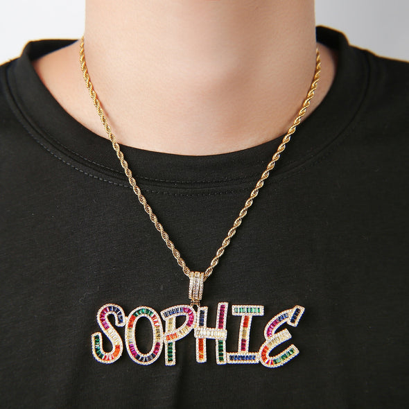 COLORFUL FONT BAGUETTE MEDALLION + CHAIN