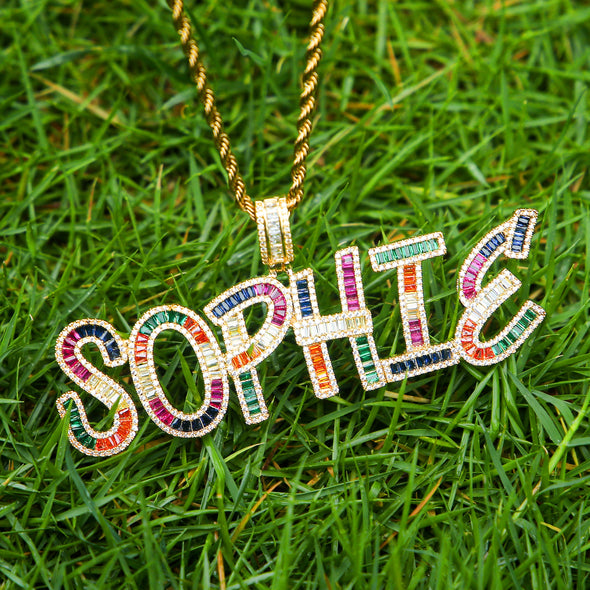 COLORFUL FONT BAGUETTE MEDALLION + CHAIN